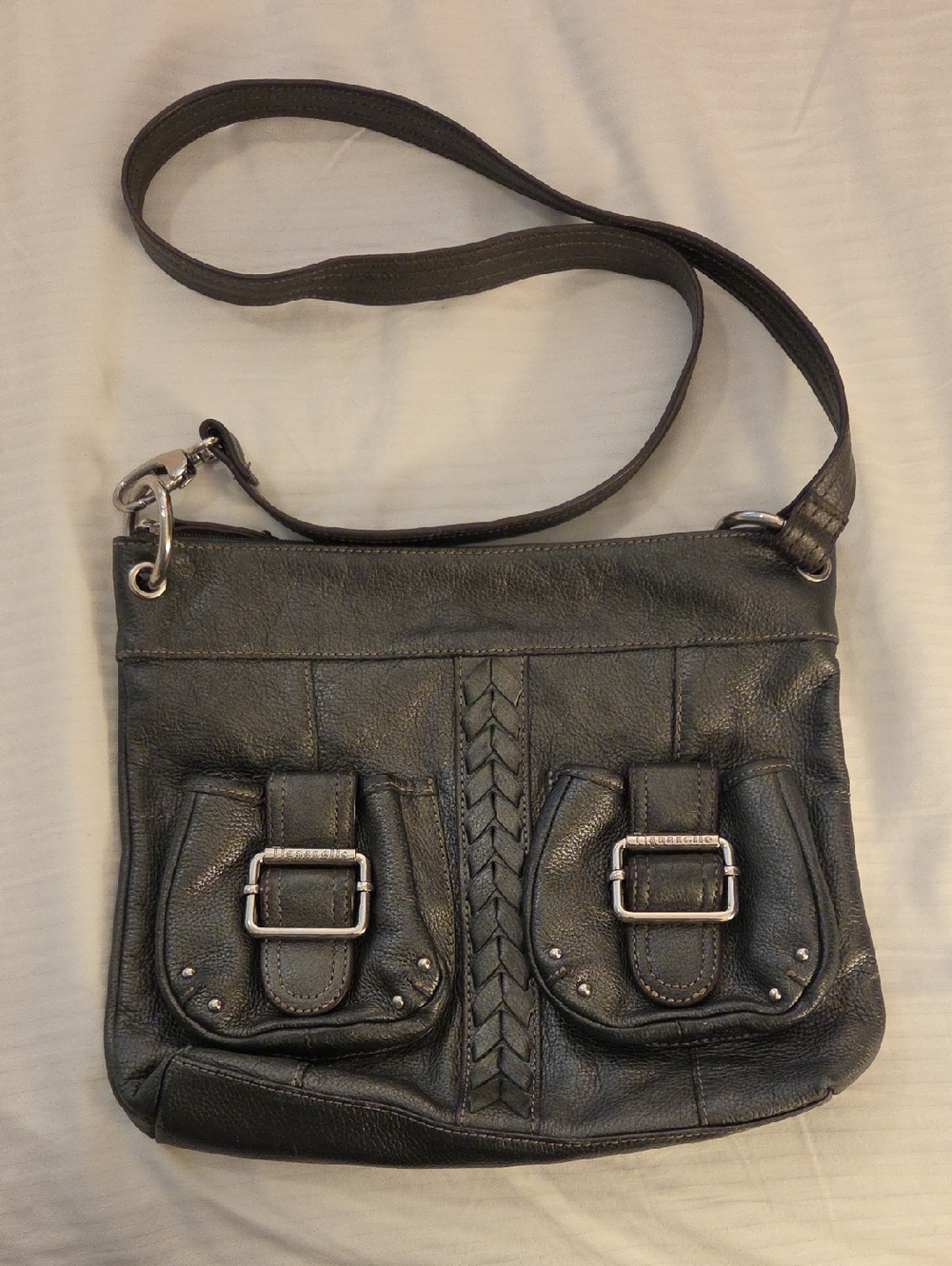 Tignanello grey Leather Crossbody with Front Buckle Pockets